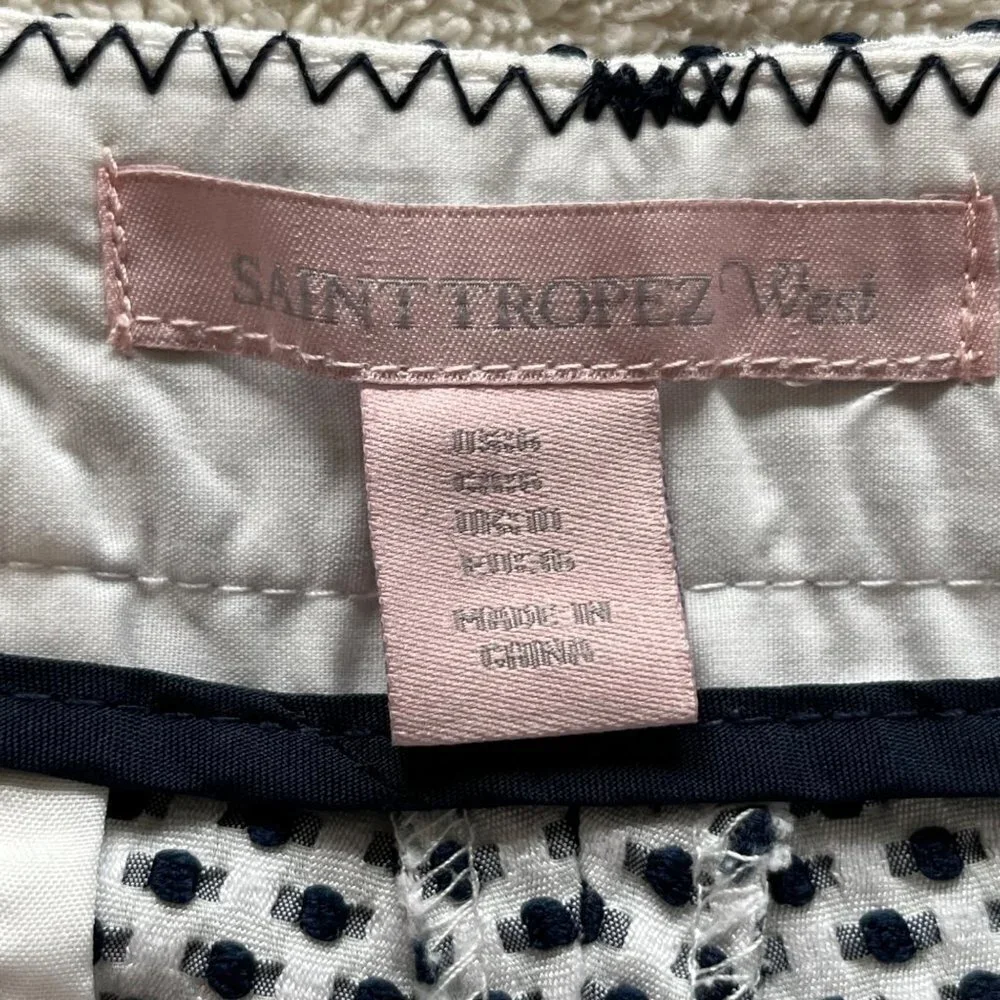 Saint Tropez West Scalloped Hem Shorts Woven White Navy Polka Dot Pattern Size 6